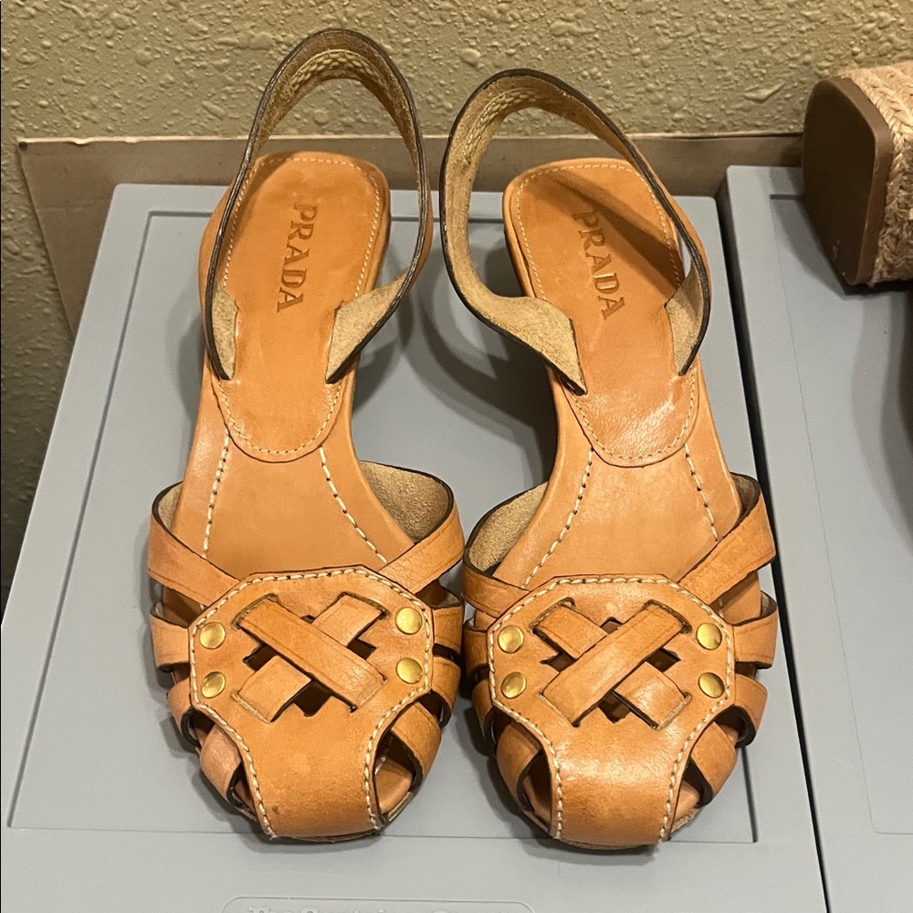 Prada Tan Leather Studded Slingbacks